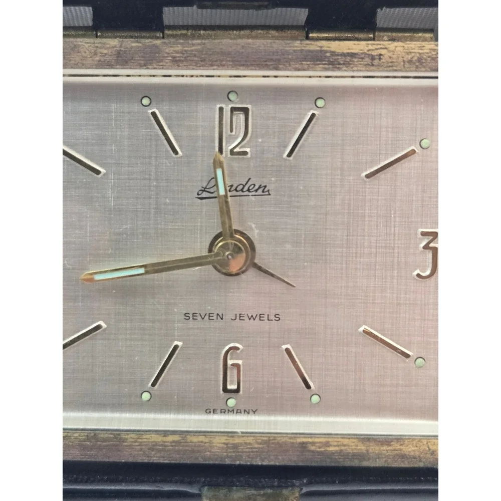 Vintage Linden Travel Alarm Clock 7 Jewels Germany Folding Leather Case